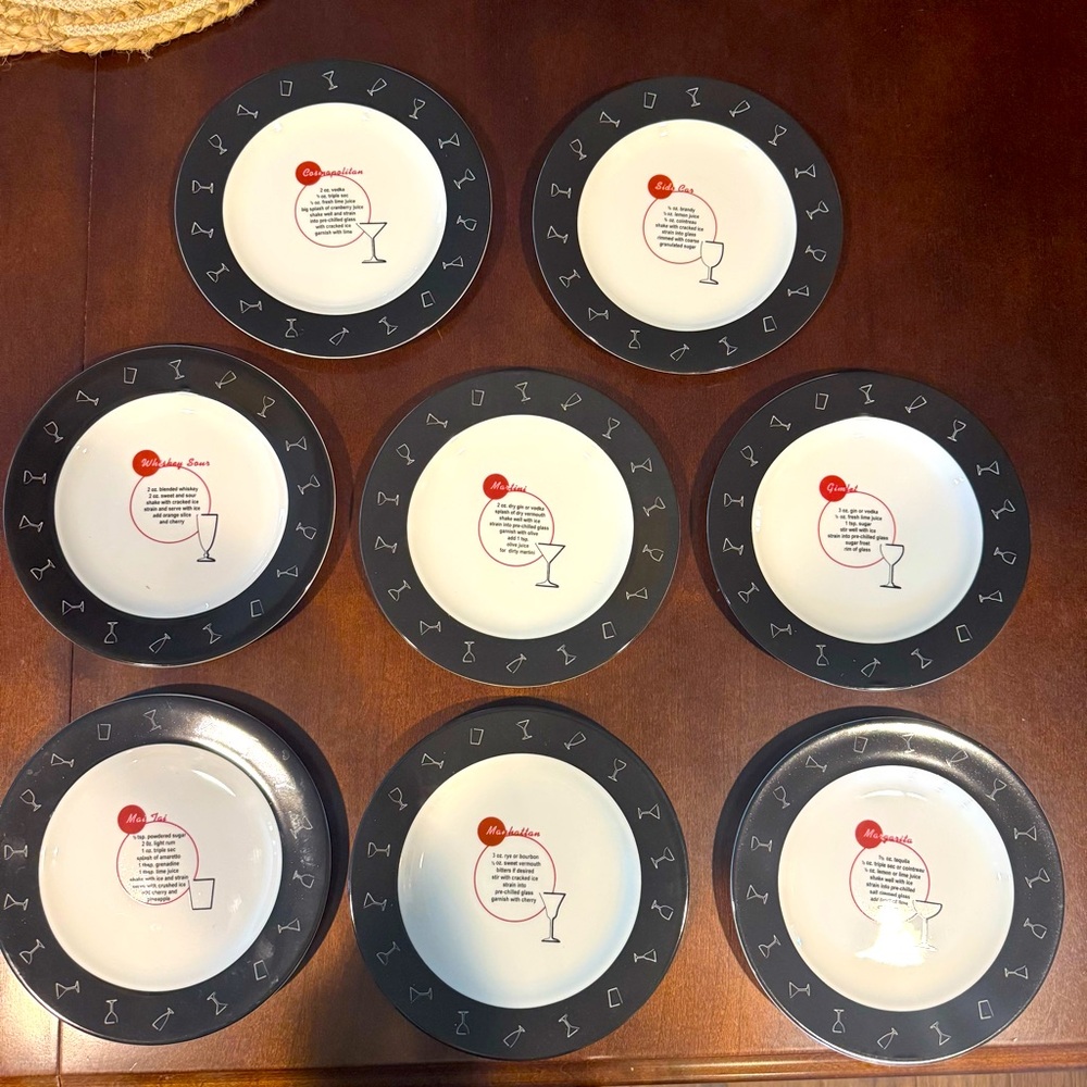 Set of 8 Pottery Barn "RETRO BAR" 8.25" Cocktail Plates with Drink Recipes
